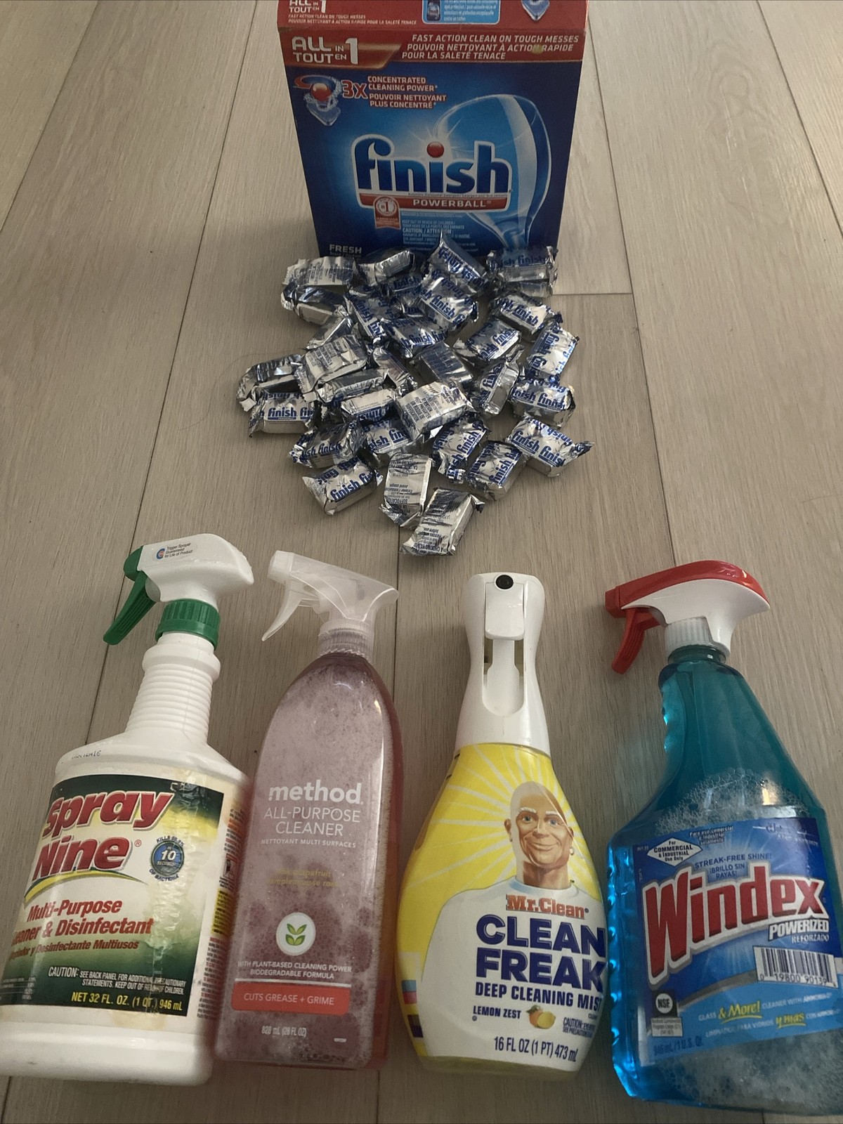 Lot Of Cleaning Supplies Windex Dish Washer Pods Mr. Clean Clean Deep Cleaning