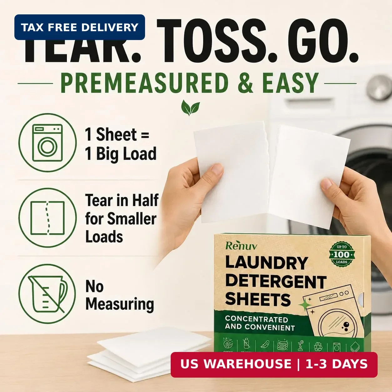 Renuv® Laundry Detergent Sheets, 50 Sheets, up to 100 Loads | Eco Friendly, Sust