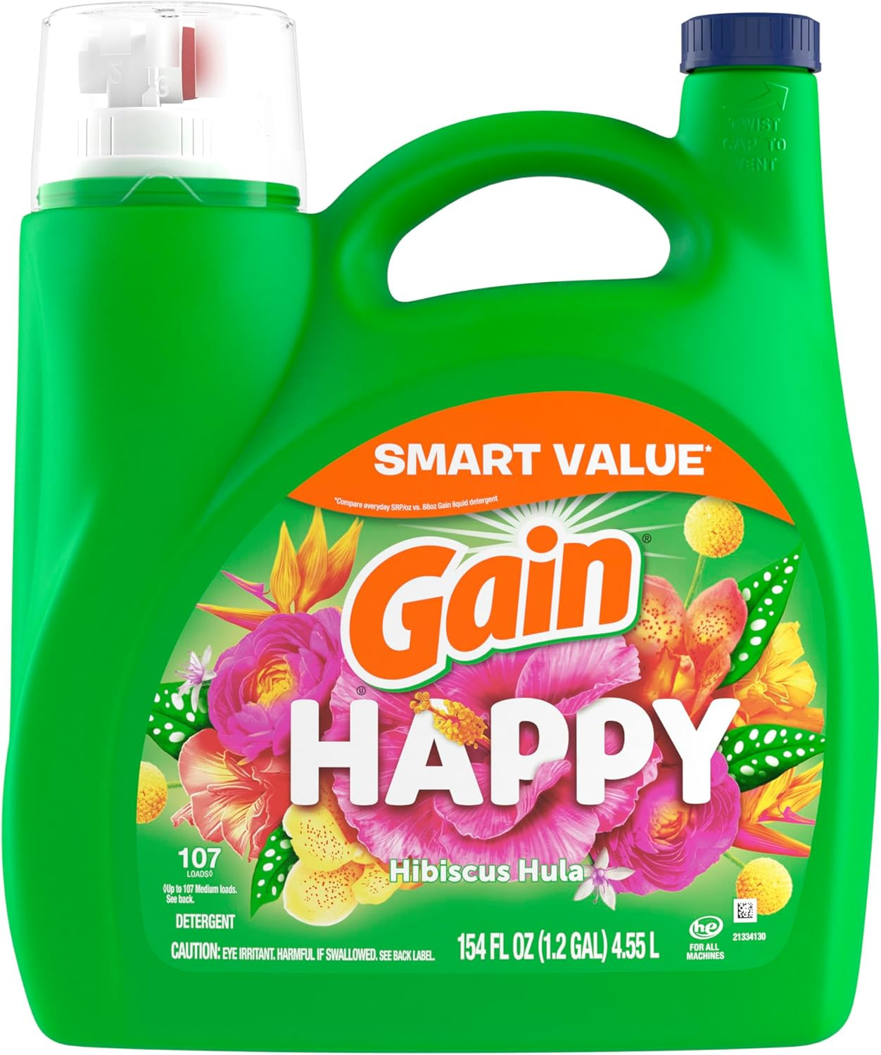 Gain Liquid Laundry Detergent, Happy, HE Compatible, 154 Fl Oz, 107 Loads
