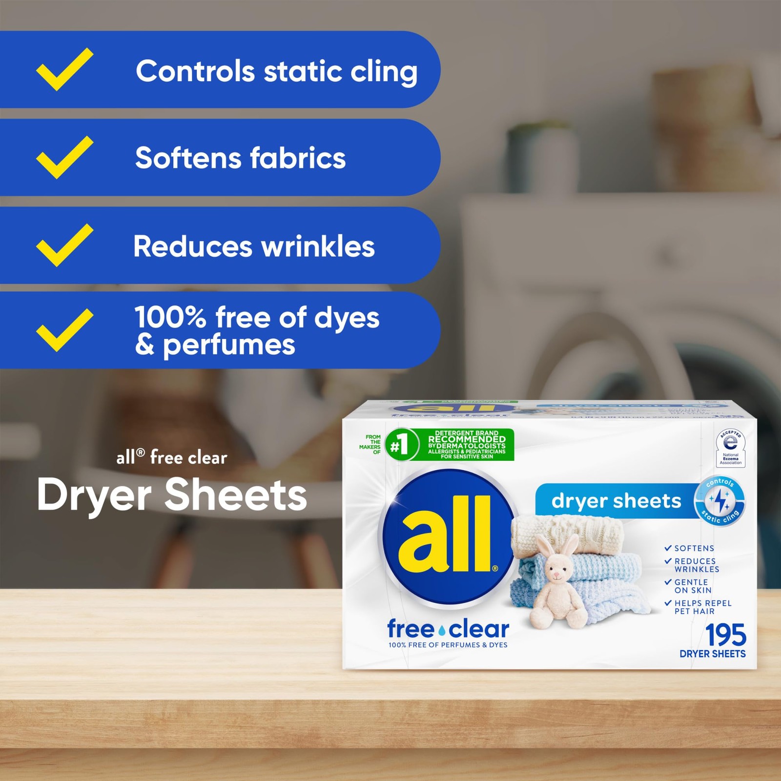 Fabric Softener Dryer Sheets for Sensitive Skin, Free Clear, 195 Count