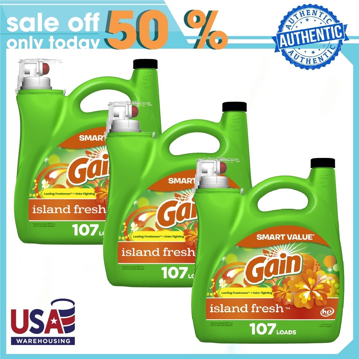 3p Gain Liquid Laundry Detergent, Island Fresh Scent, 154 fl oz, 107 Loads
