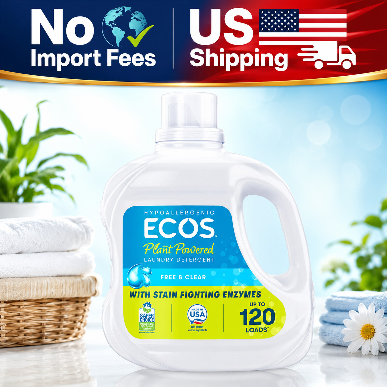 ECOS Free & Clear Liquid Laundry Detergent 110oz 120 Loads Hypoallergenic
