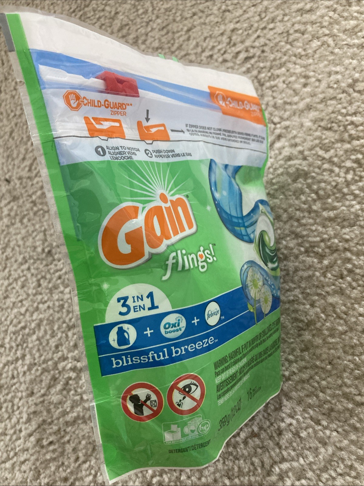 Gain Flings Blissful Breeze 3in1 Detergent 12 oz 16 Capsules
