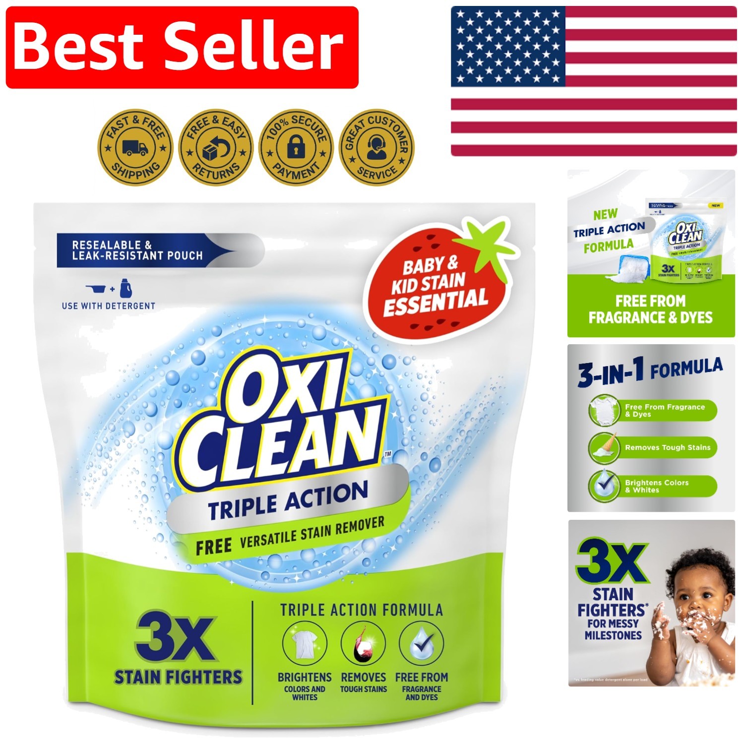 Triple Action Free Stain Remover Powder, 4 lbs – Eco-Friendly & Fragrance-Free