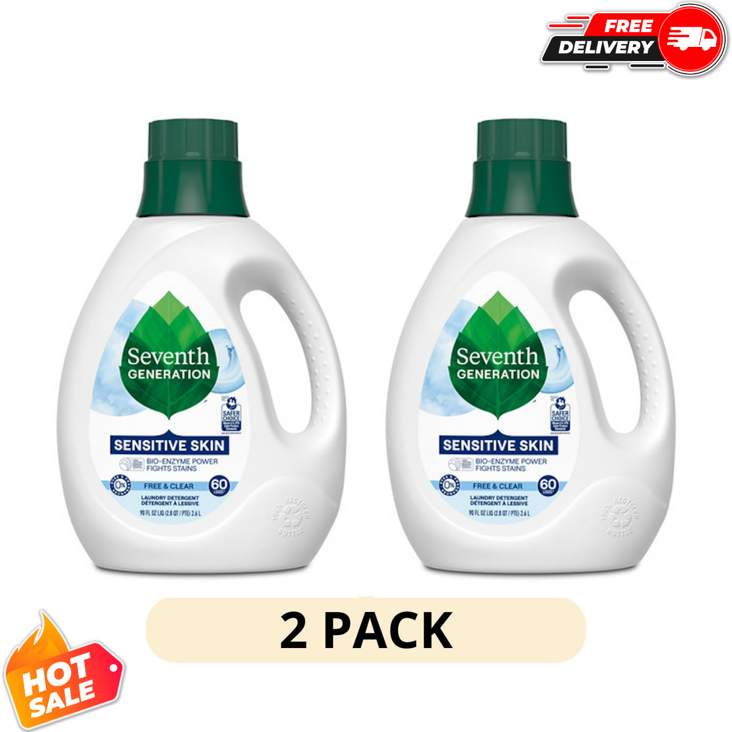 (2 Pack) Seventh Generation Free & Clear Laundry Detergent 60 Loads, 90 fl oz