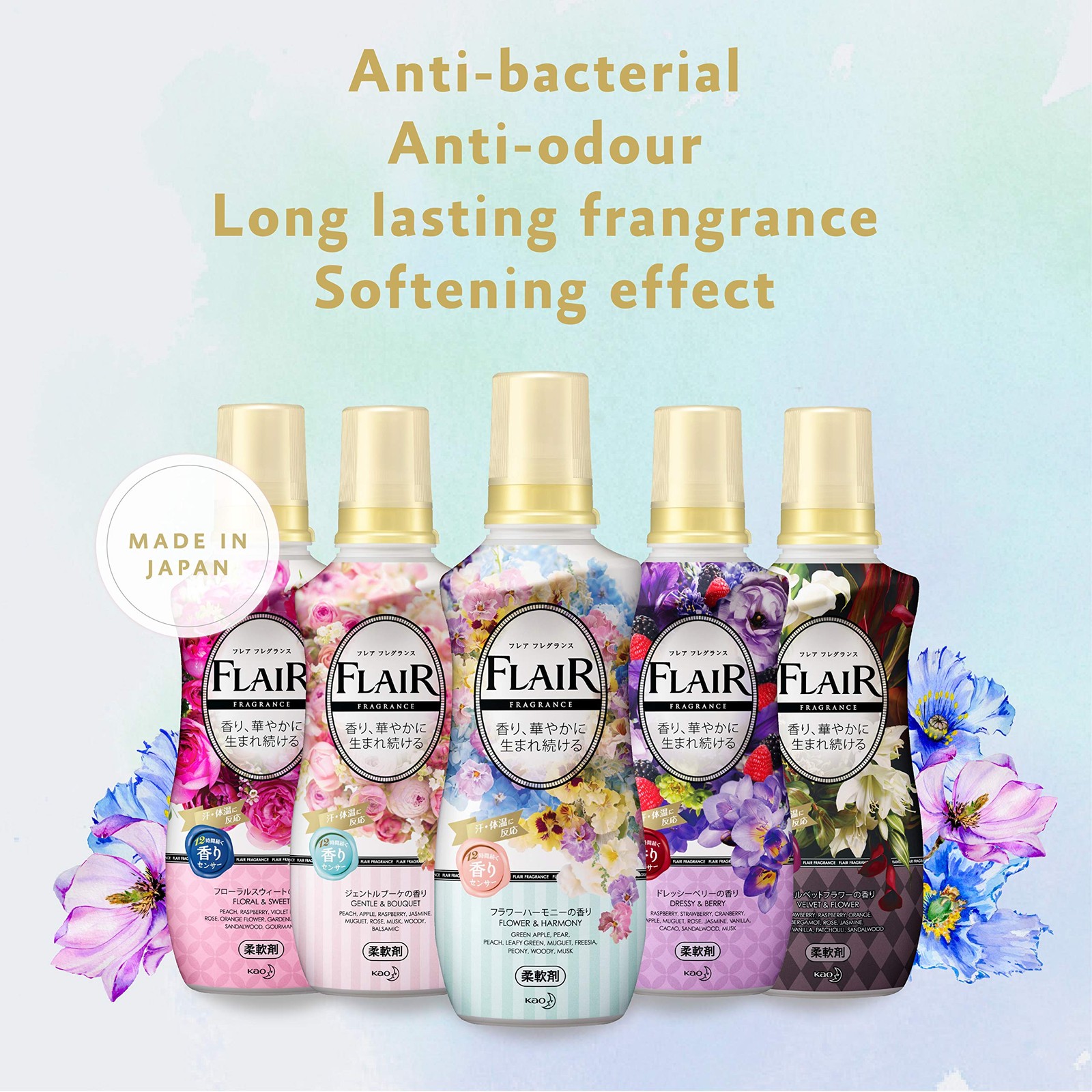 Flair Fragrance Fabric Softener, Flower & Harmony scent, 570ml (bottle)