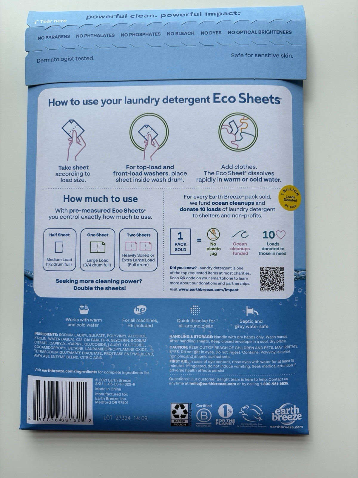 Earth Breeze Laundry Detergent Sheets – Fragrance Free 30 Eco Sheets – 64 Loads