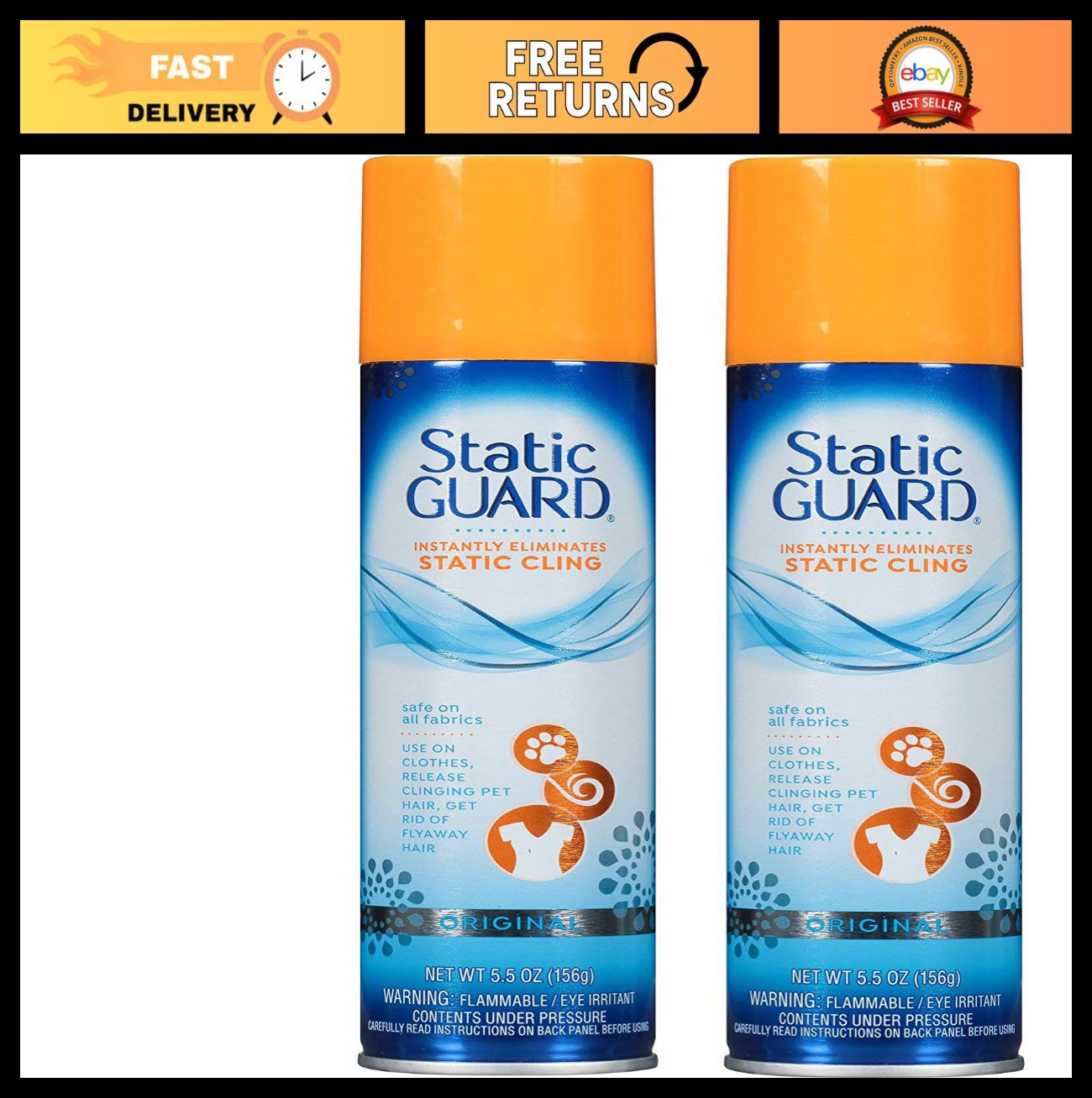 Anti-Static Spray 5.5 oz – Pack of 2, Eliminate Static Cling, Safe for Fabrics