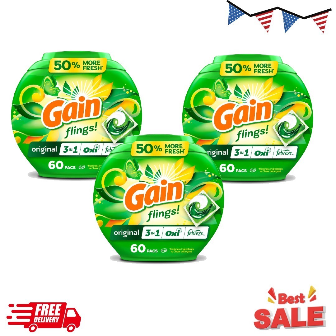 3P Gain Flings Laundry Detergent Soap Pacs, 3in1 Oxi Boost and Febreze, 60Ct