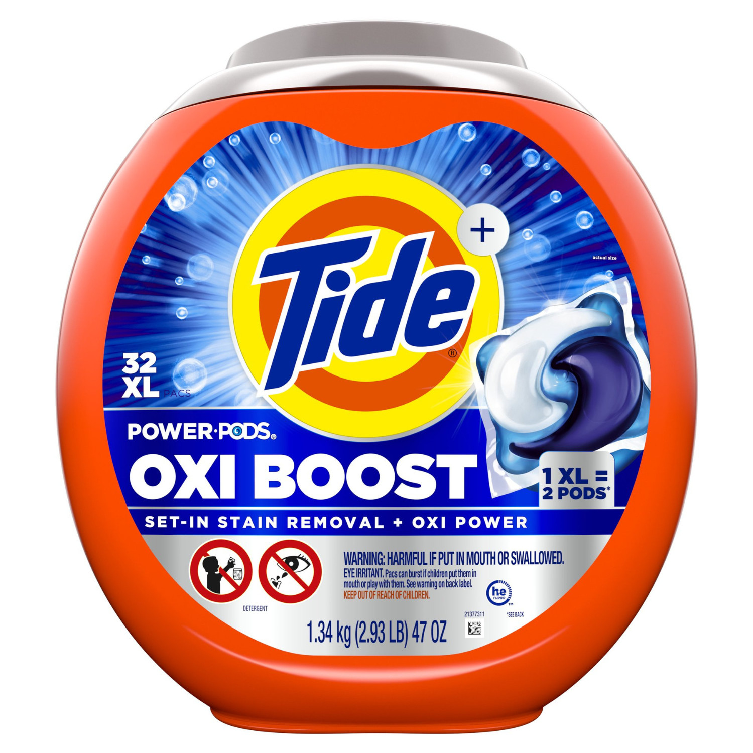 Tide Oxi Boost Power PODS Laundry Detergent Pacs 32 Ct Stain Remover, 2 Pack