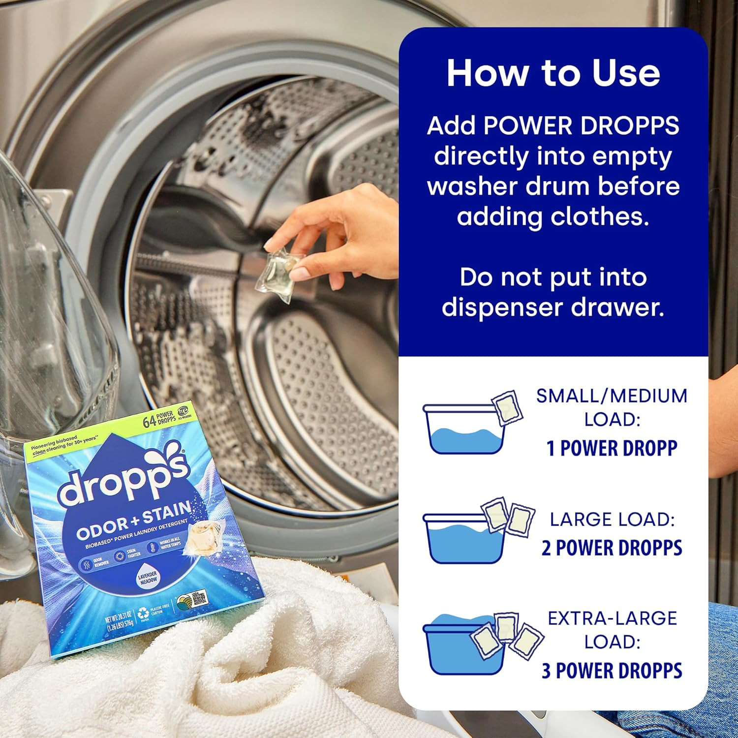 Dropps Odor & Stain Laundry Detergent Pods, Lavender Meadow (64 Count) – Powerfu