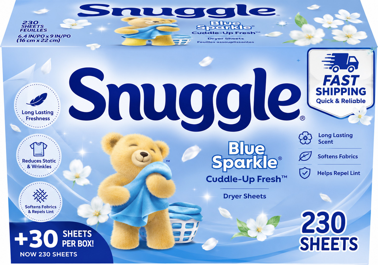 Snuggle Blue Sparkle Dryer Sheets 230 Count Fabric Softener Laundry Fresh Scent