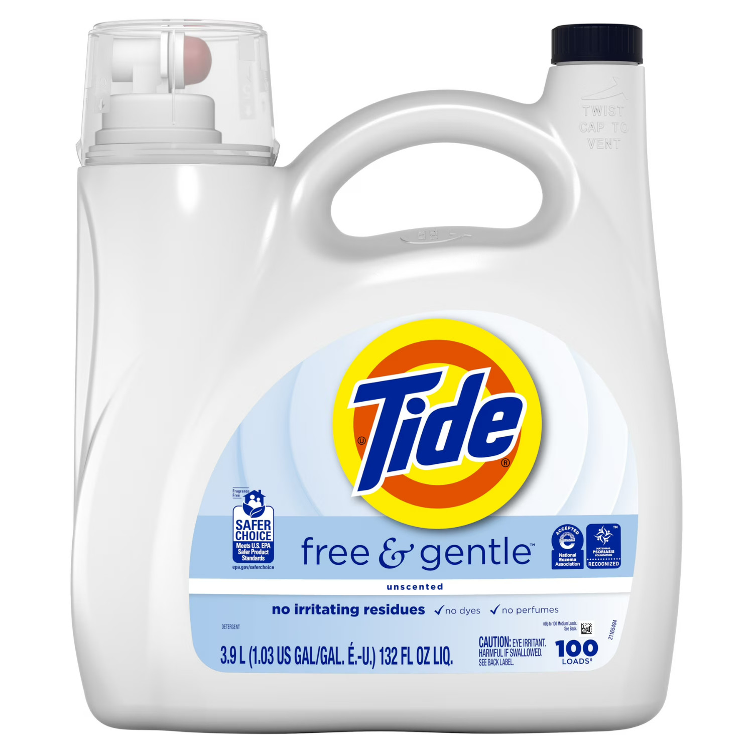 Tide Free & Gentle Liquid Laundry Detergent 132oz 100 Loads, 2 Pack