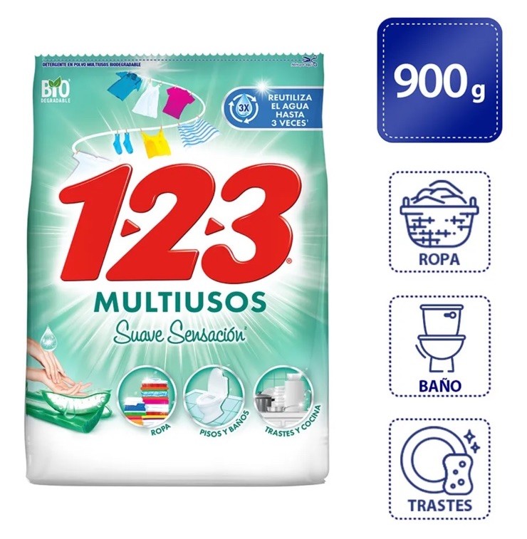 6 Pack DETERGENTE EN POLVO 1.2.3 / Laundry Detergent 900g C/U