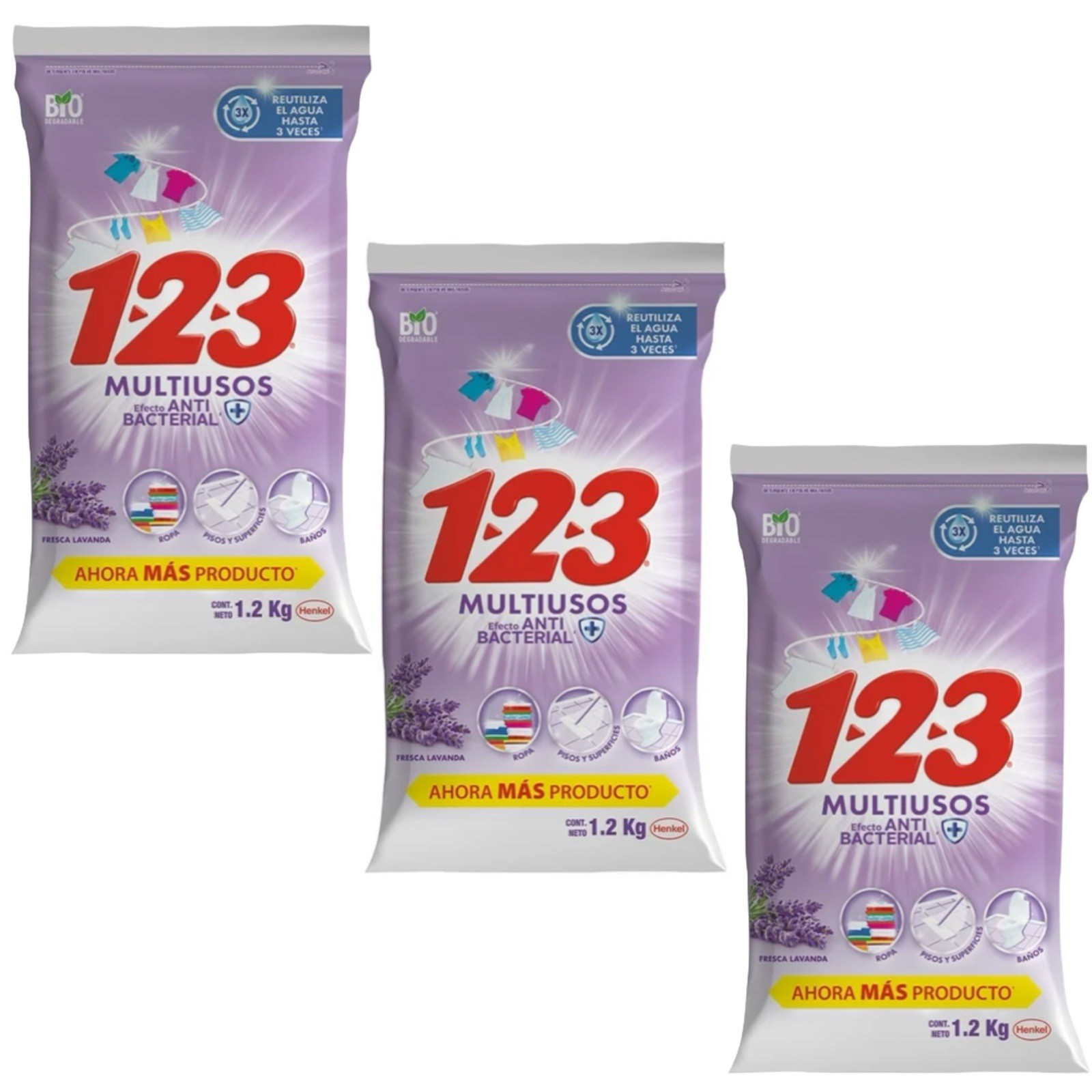 3X Detergente 123 Multiusos Lavanda 🇲🇽 Powder Laundry Detergent, 1.2Kg, 3 Pack