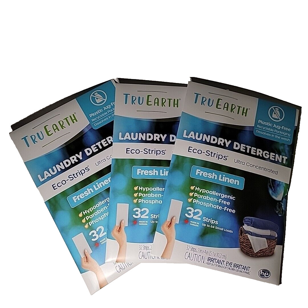 TruEarth Fresh Linen Laundry Detergent Eco Strips 3 Packs of 32 Strips Total 96