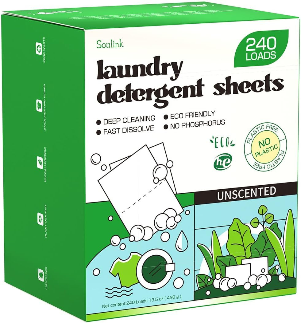 Soulink Laundry Detergent Sheets Unscented 240 Loads，Eco Friendly Detergent Shee