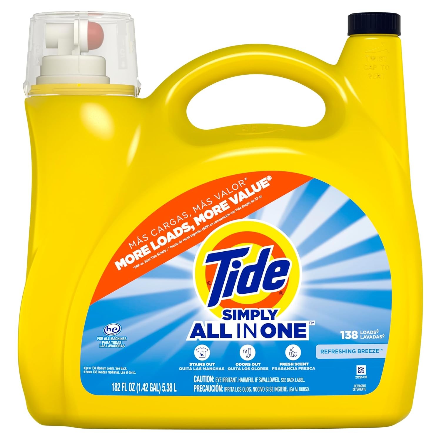 Tide Simply Liquid Laundry Detergent Refreshing Breeze Scent 138 Loads 182
