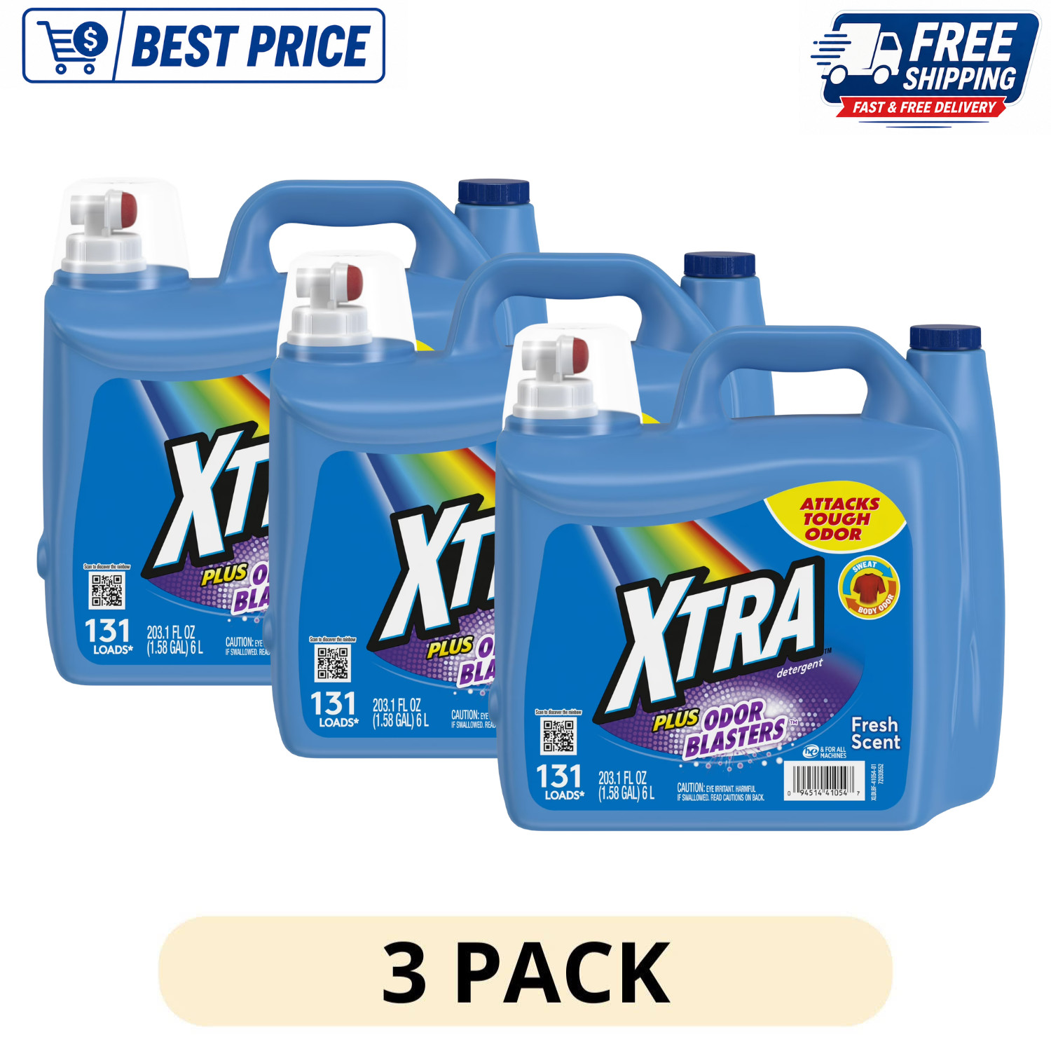 (3 Pack) XTRA Laundry Detergent Liquid Plus Odor Blasters 131 Loads, 203.1 Fl Oz