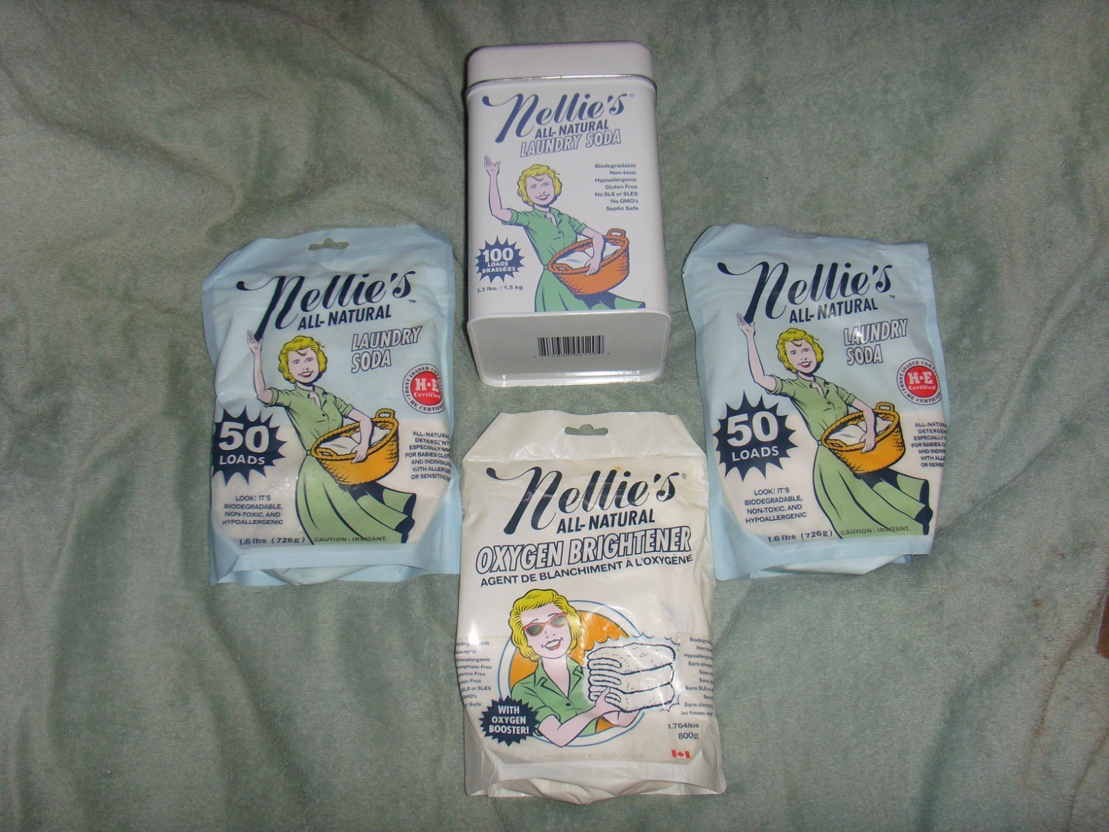Nellie’s Laundry Soda Lot w/ 100-Load Tin + 2×50 Refills & Oxygen Brightener NEW