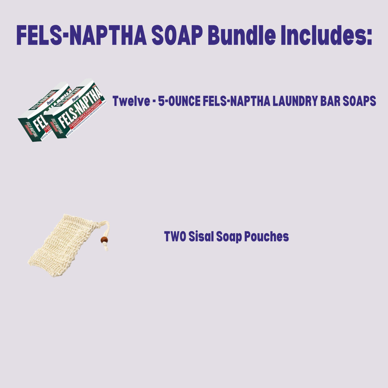 Purex -12 Fels-Naptha Laundry Soap Bars 5oz+2 Sisal Pouches Stain Remover Bundle