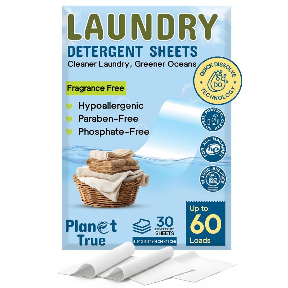 Eco-Friendly Laundry Detergent Sheets, 60 Loads (30 Sheet) Fragrance Free Lau…