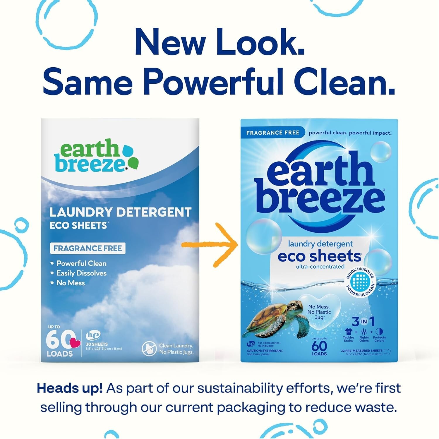 Earth Breeze Laundry Detergent 30-Eco Sheets Fragrance Free Up to 60 Loads – New