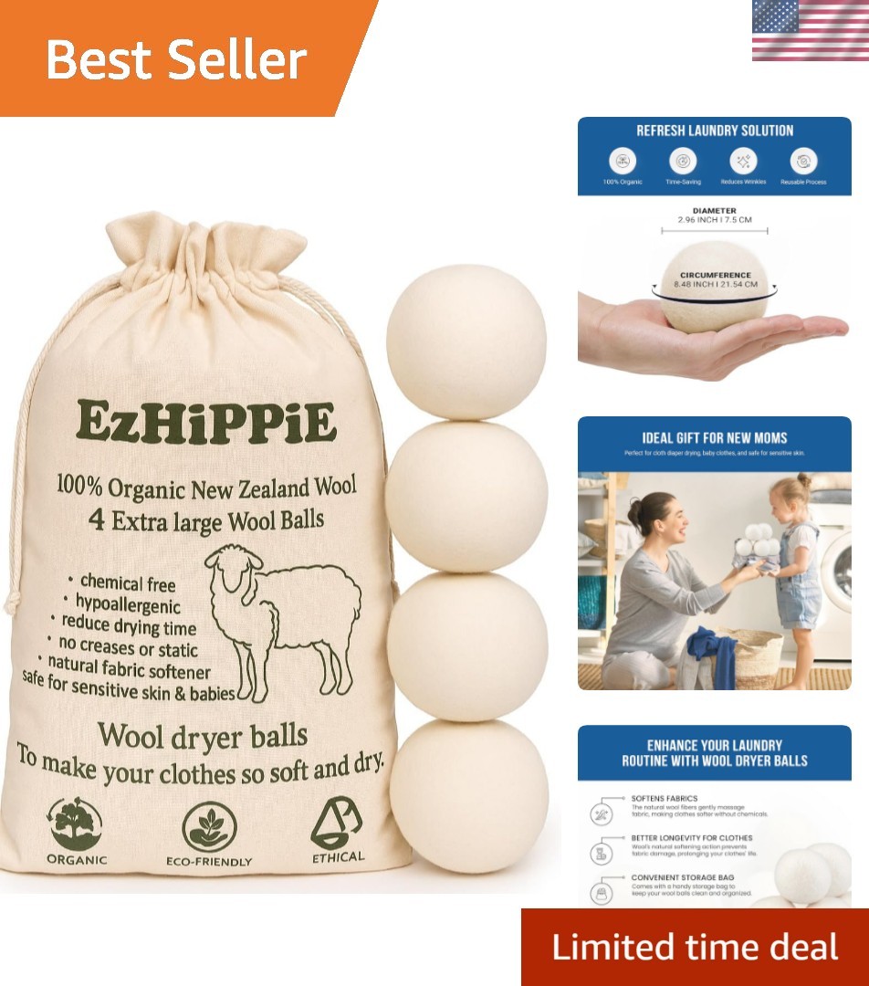 Wool Dryer Balls 4XL Pack Eco Reusable Fabric Softener Static Reducer