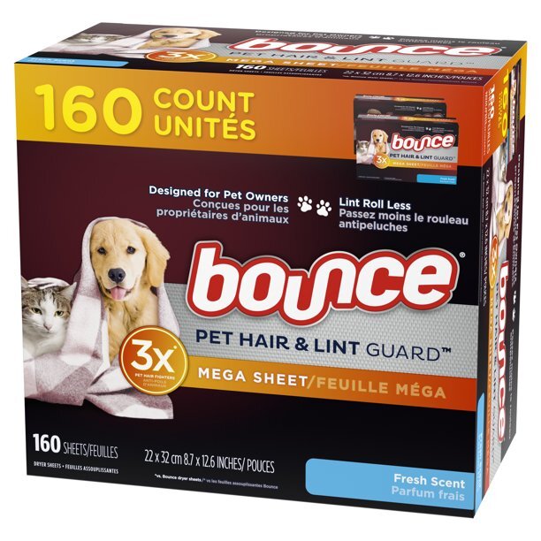 BOUNCE Pet Hair & Lint Guard MEGA Dryer Sheets – 3X Pet Hair Fighter ~ 160 Count