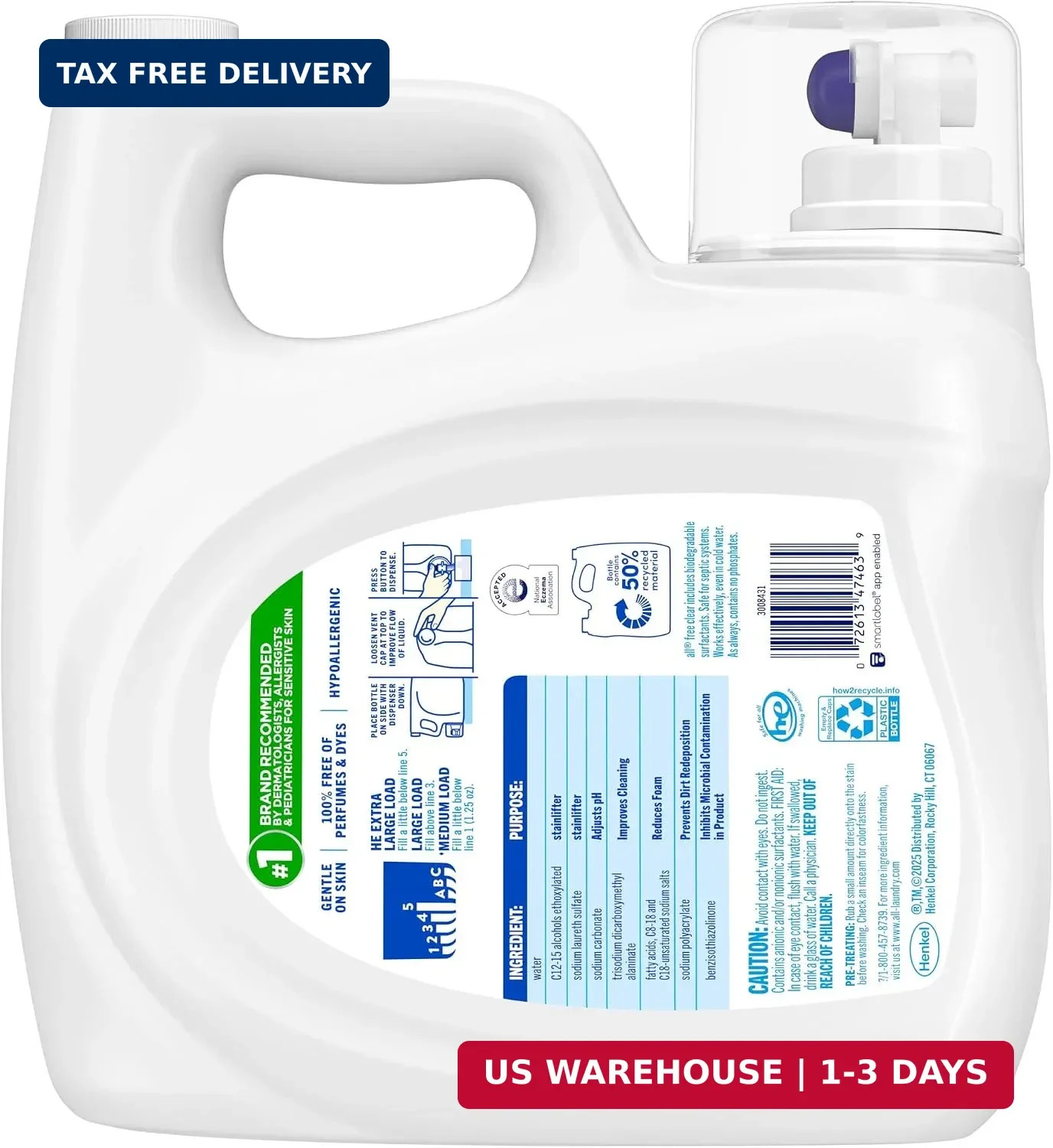 all Liquid Laundry Detergent Free Clear, 118 Ounce, 94 Loads | Controls static c