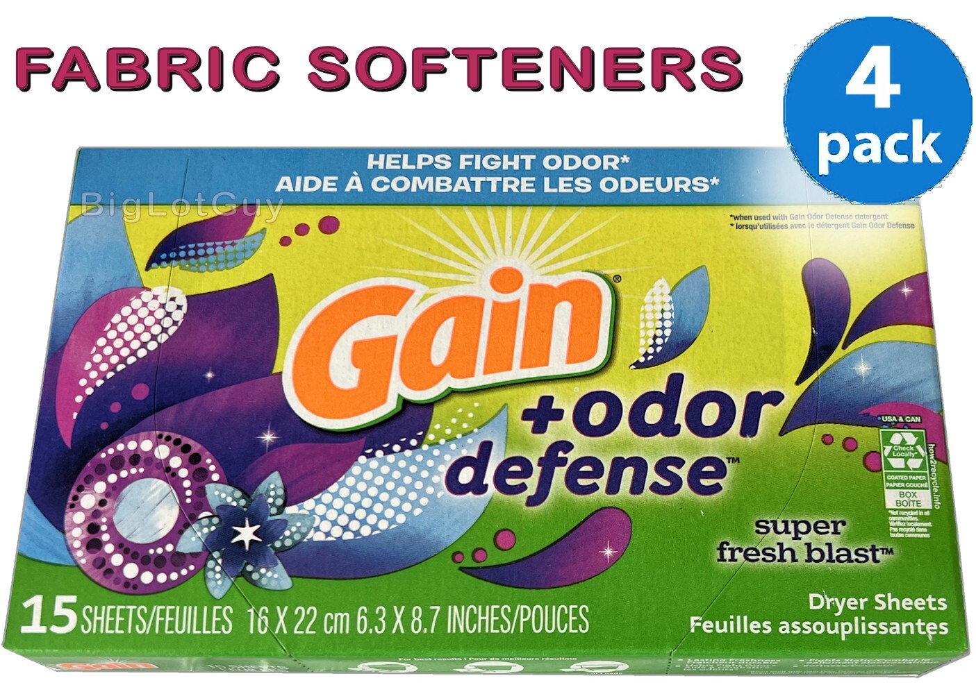 GAIN Fabric Softener Dryer Laundry Sheets Fights Odor 15 Sheets Gain USA 4-Boxes