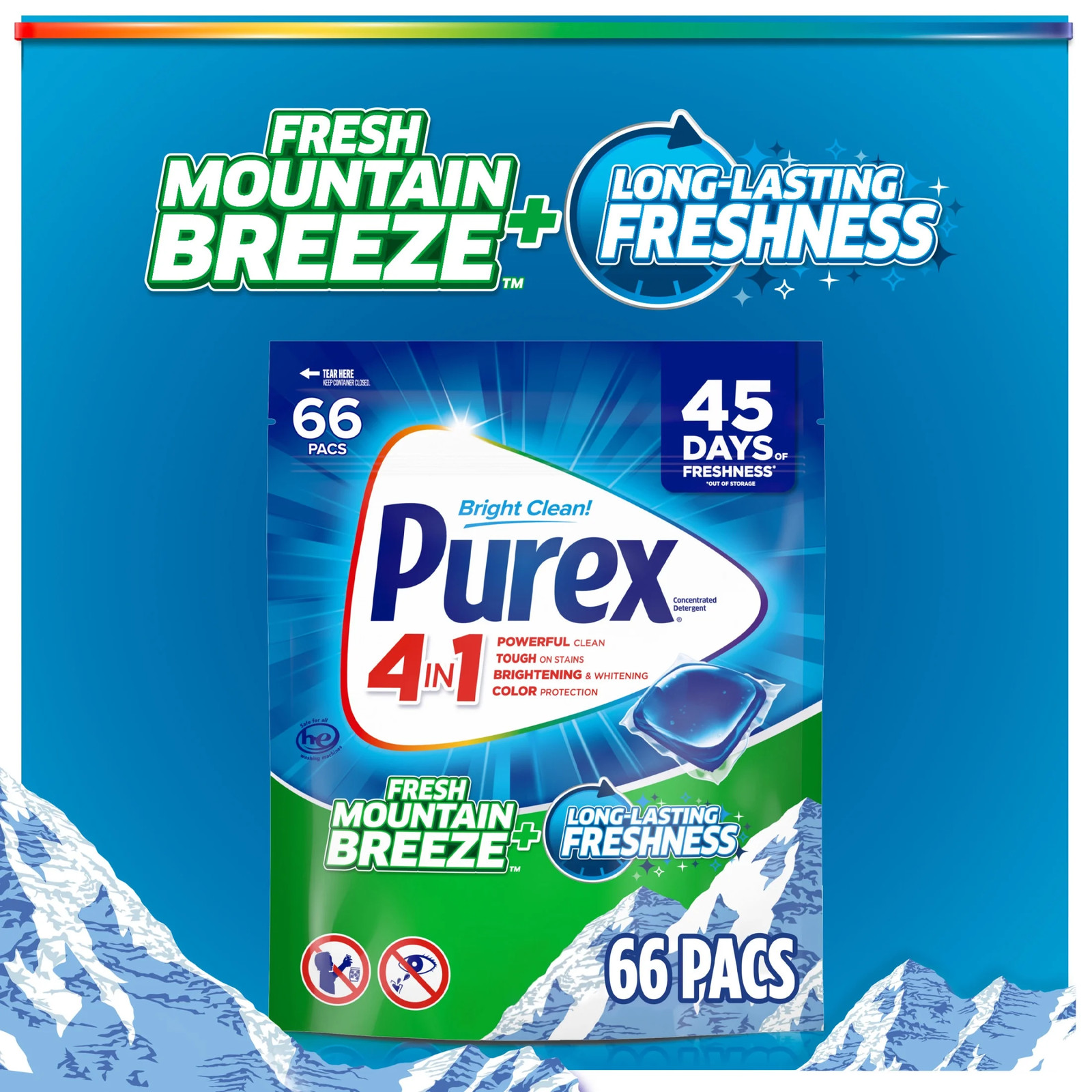 Laundry Detergent Pacs, Fresh Mountain Breeze, 66 count