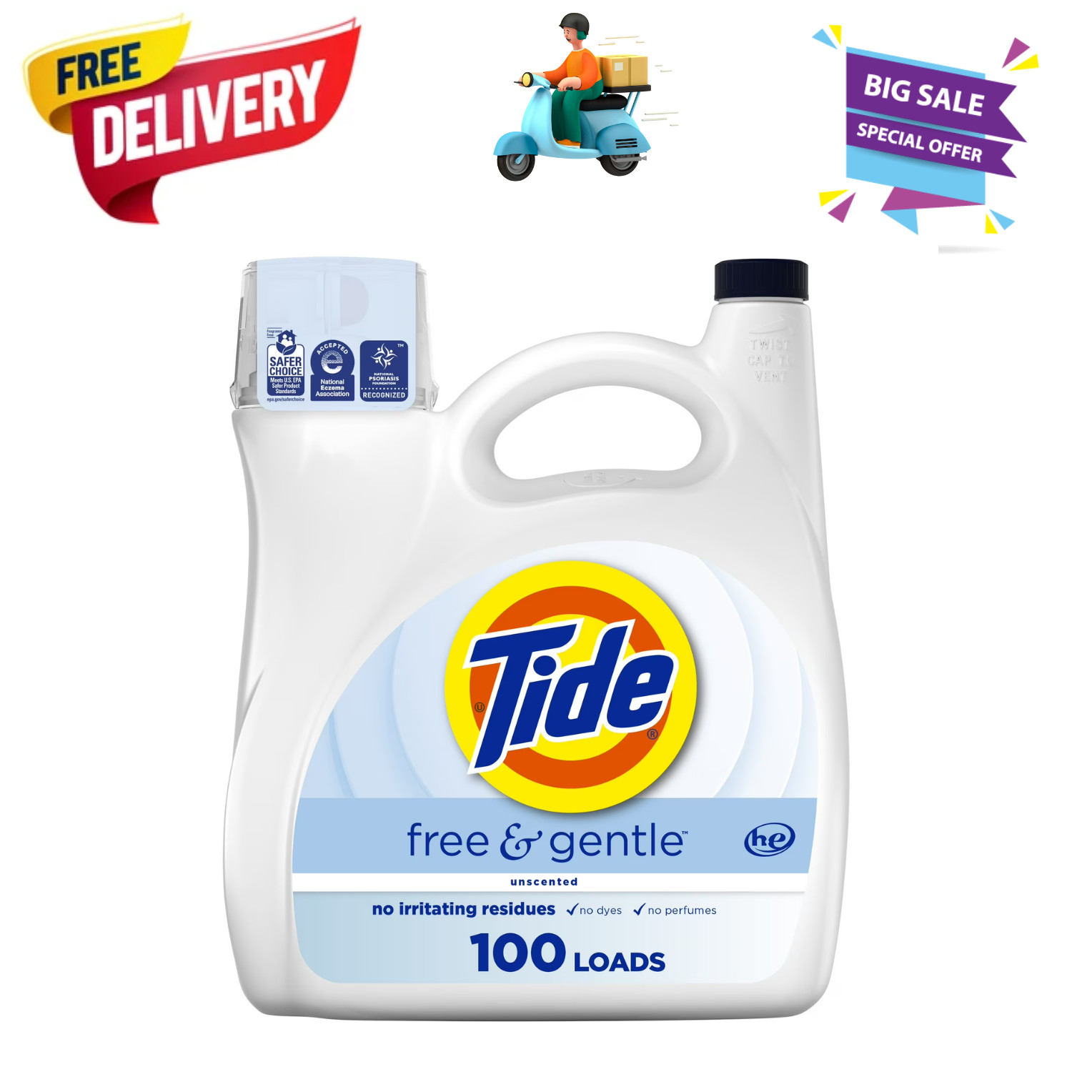 Tide Free Gentle Laundry Detergent Liquid HE Compatible 132 fl oz 100 Loads