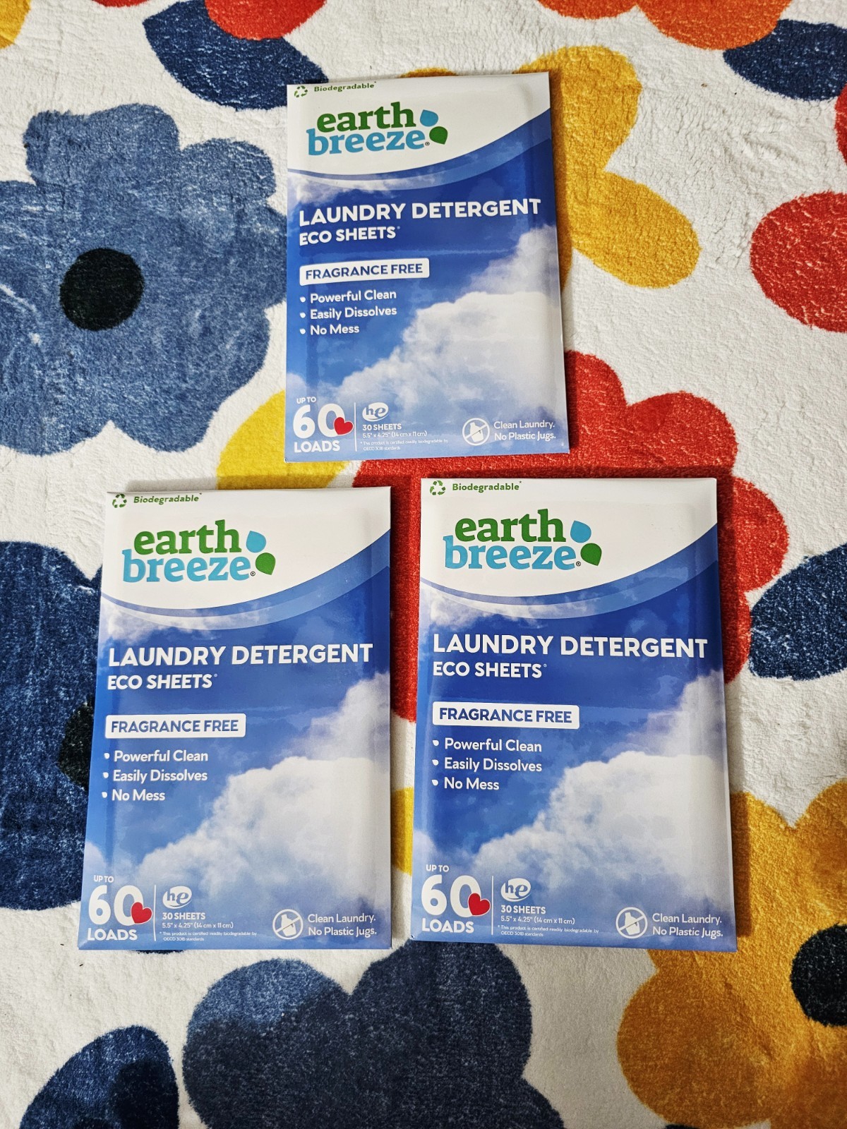 Bundle SALE of 3 Earth Breeze Laundry Detergent 30-Eco Sheets 60 Loads Per Pack
