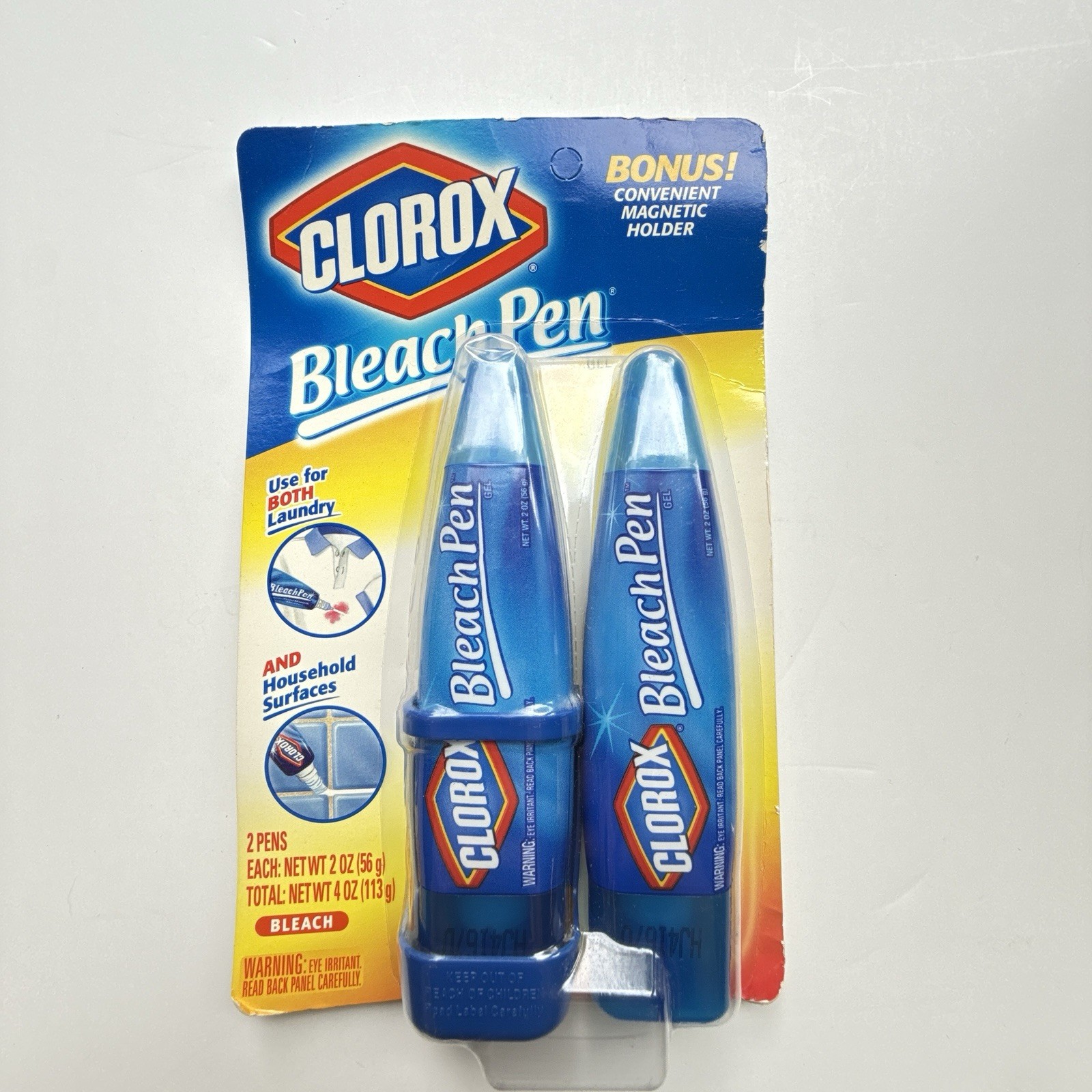 2 Clorox Bleach Pen Gel Laundry Household 2oz Ea Dual Tipped w/Magnetic Holder