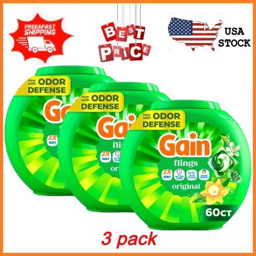 3 pack Gain Flings Laundry Detergent Soap Pacs 4in1 Oxi Boost Original Scent