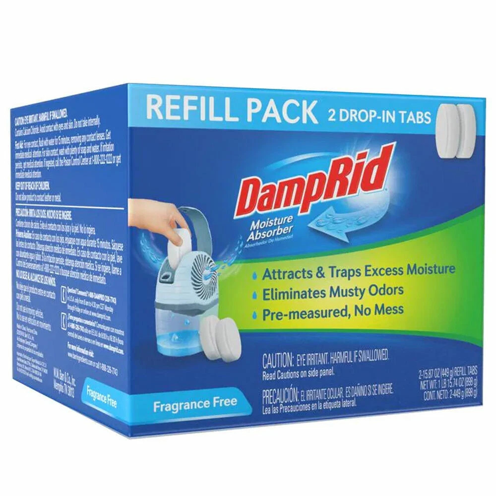 DampRid Fragrance Free Drop-In Moisture Absorbing Tab Refill, 2 pack 15.8 Ounce