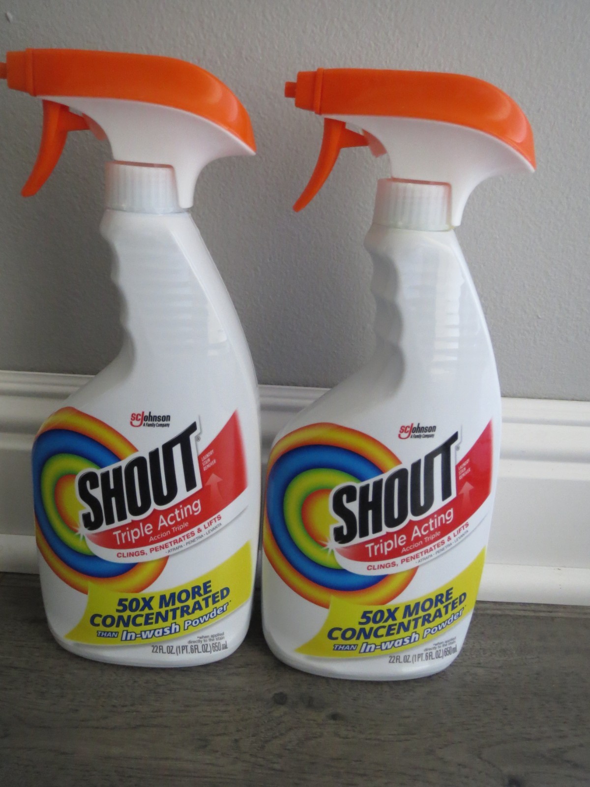 2 Pack Shout Triple Acting Laundry Stain Remover Spray 22 fl oz Each, New