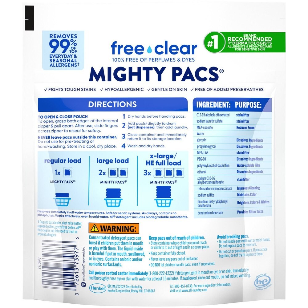 All Mighty Pacs Free & Clear Laundry Detergent Pods, 4-in-1, 19ct (pack of 2)