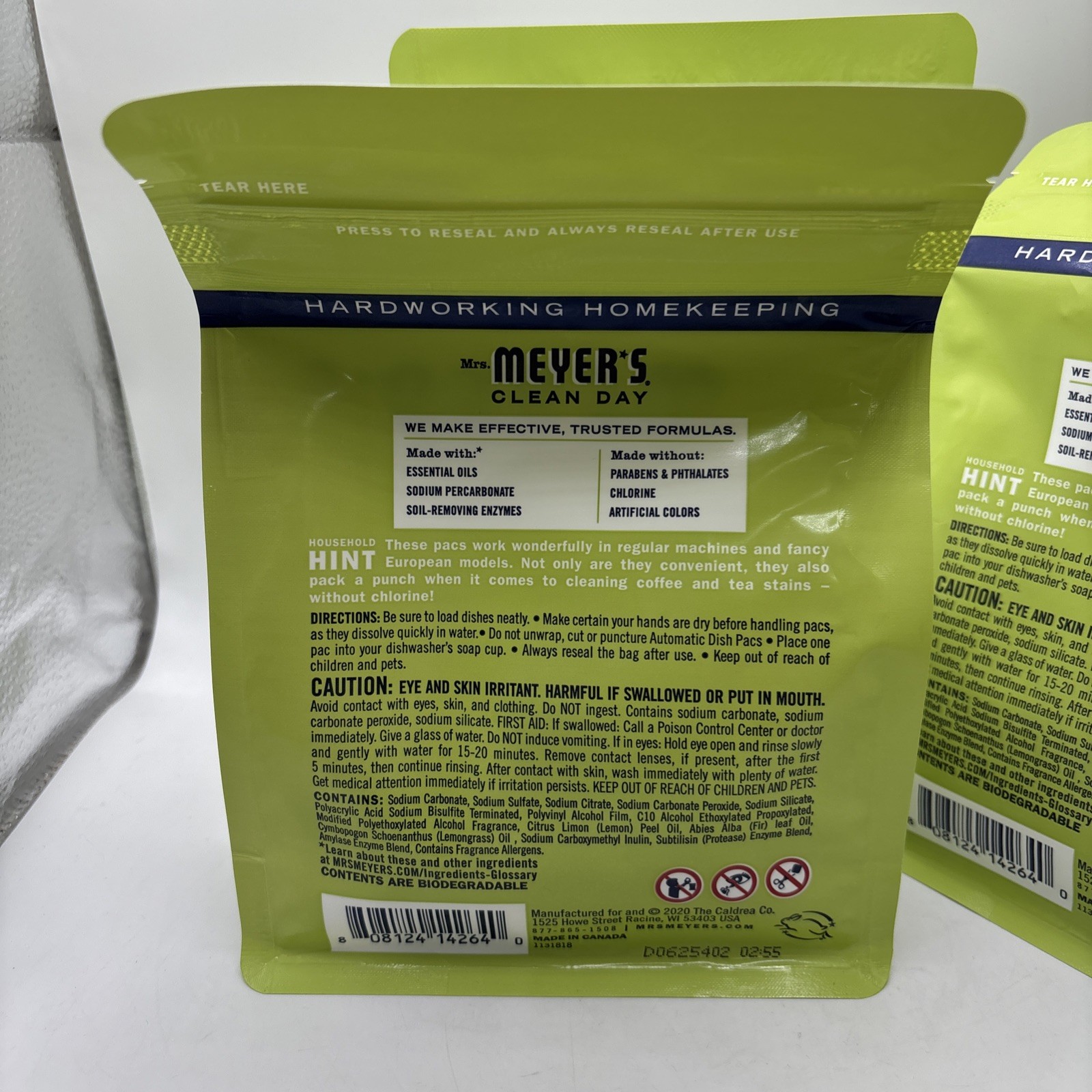 Lot of 3 Mrs Meyer’s Clean Day Dish Pacs Lemon Verbena 20 Ct 11.6 oz