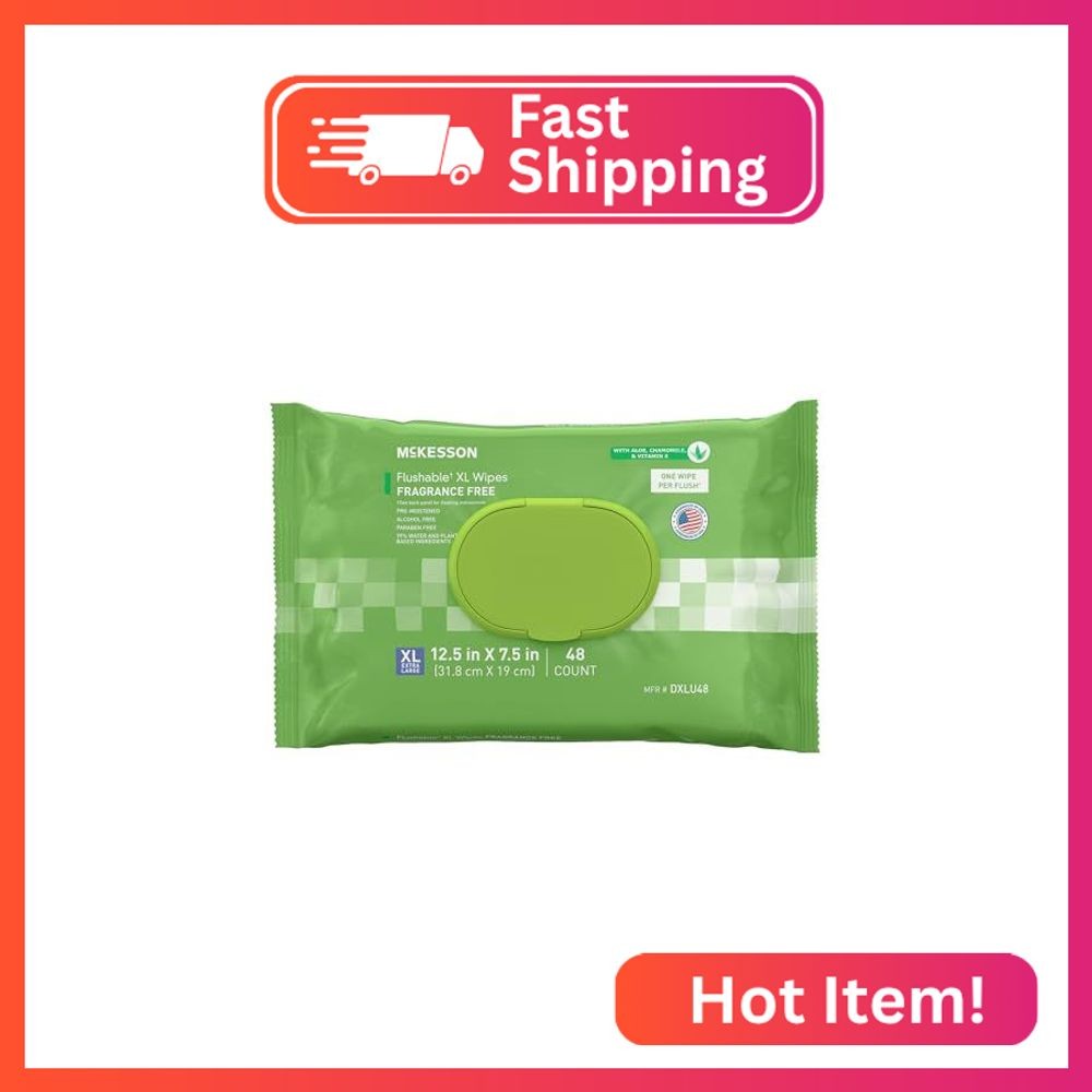 McKesson Flushable Adult Wet Wipes XL, Unscented, 48 Wipes (1 Pack of 48)