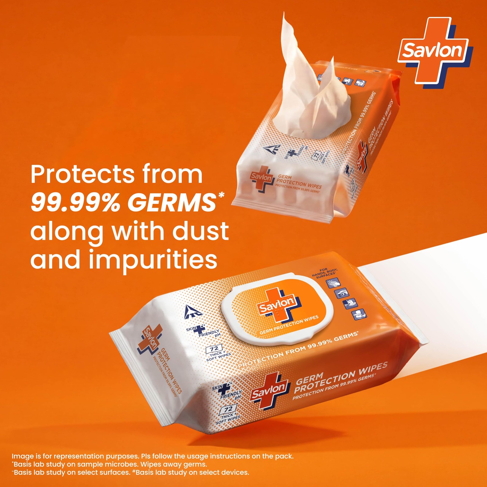ITC Savlon 72ct Thick Soft Wet Wipes Fliptop Lid | 99.99% Germ Protection