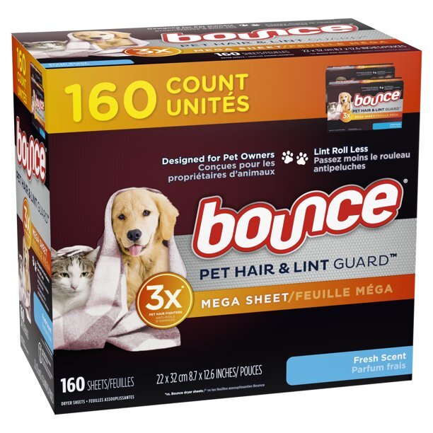 BOUNCE Pet Hair & Lint Guard MEGA Dryer Sheets – 3X Pet Hair Fighter ~ 160 Count