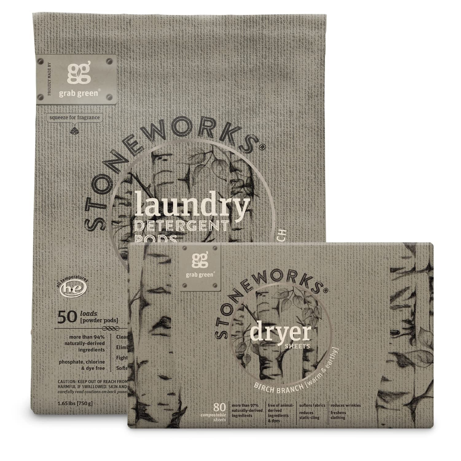 Grab Green Grab Green Stoneworks Natural Laundry Pod and Dryer Sheet Kit, Birch