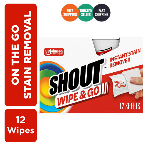 Shout Wipe and Go Instant Stain Remover, for On-the-Go Laundry Stains, 12 Count