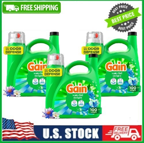 3 PACK Gain Laundry Detergent Liquid, Waterfall Delight Scent, 100 Loads