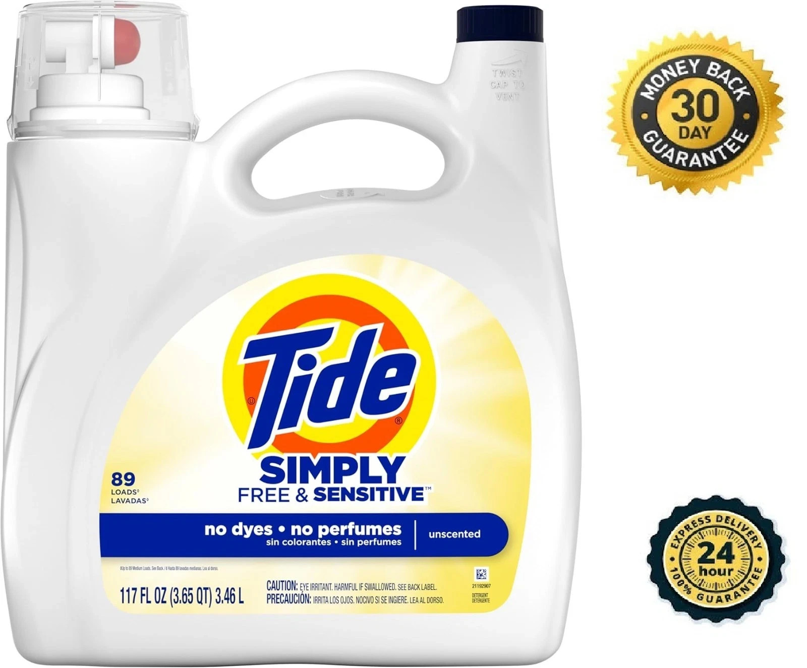 Tide Simply Liquid Laundry Detergent, Free Sensitive Scent, 89 Loads, 117 fl oz
