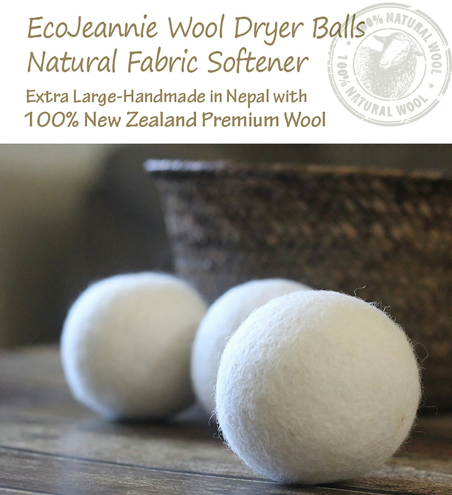 EcoJeannie Wool Dryer Balls – XL 100% Natural Virgin New Zealand Wool 58g 74mm