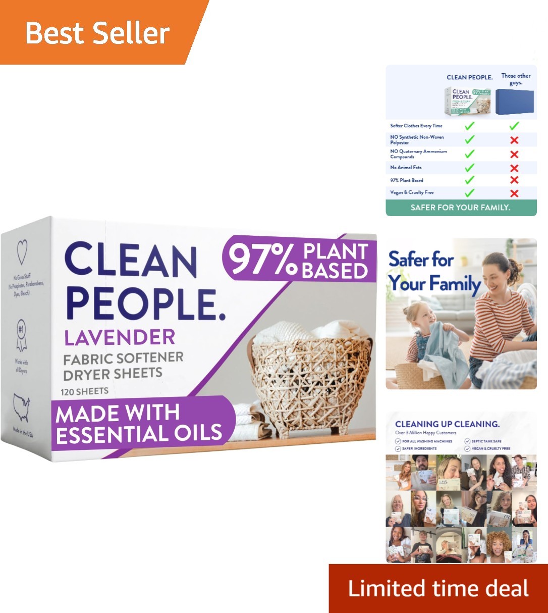 Natural Lavender Fabric Softener Sheets with Essential Oils – 120 Count Pack