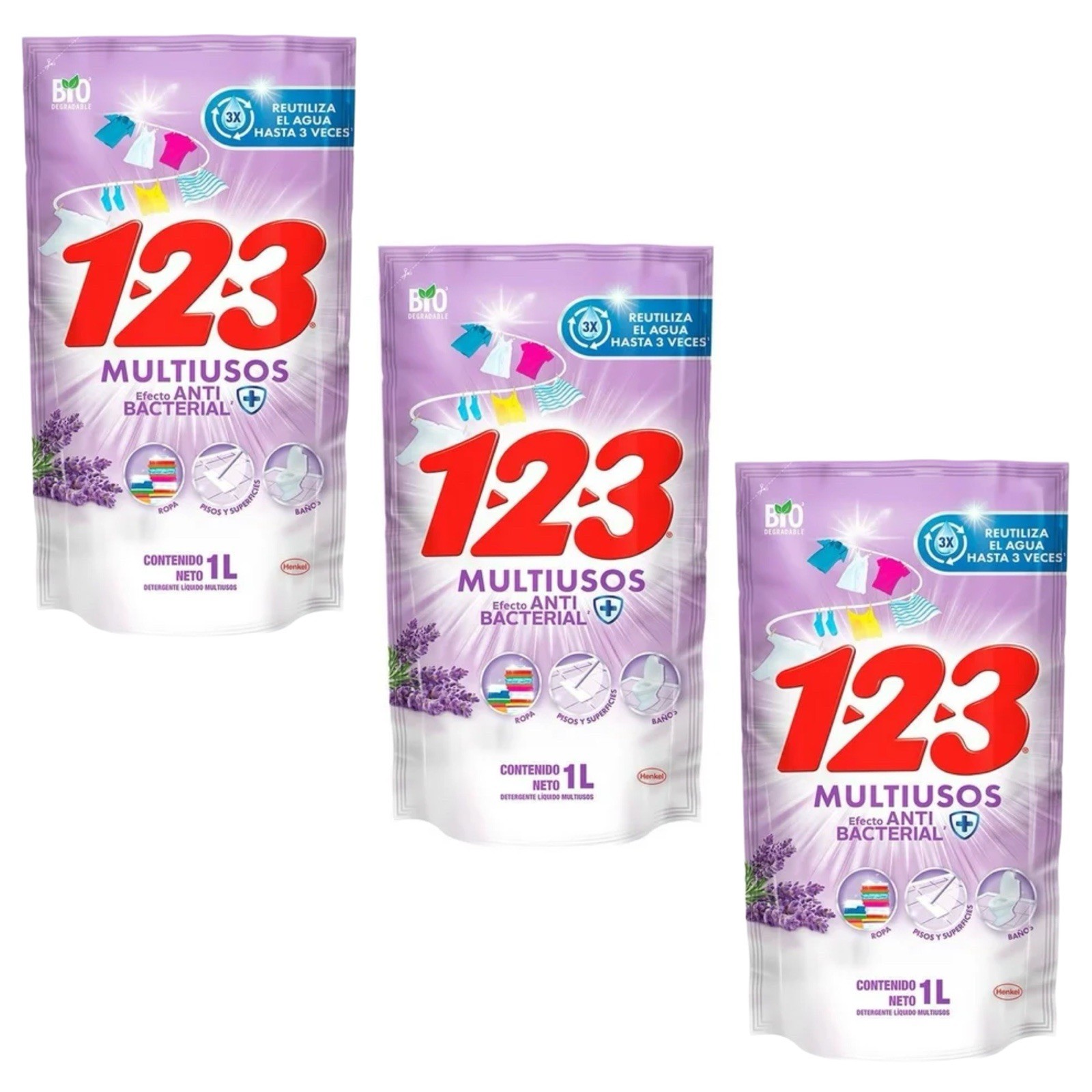 3X Detergente líquido 123 Multiusos Lavanda 🇲🇽 Liquid Detergent, 1L, 3 Pack